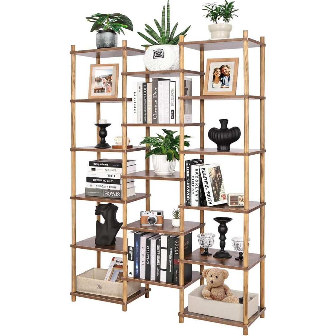 Libreria contenitore con ripiani in legno massello marrone